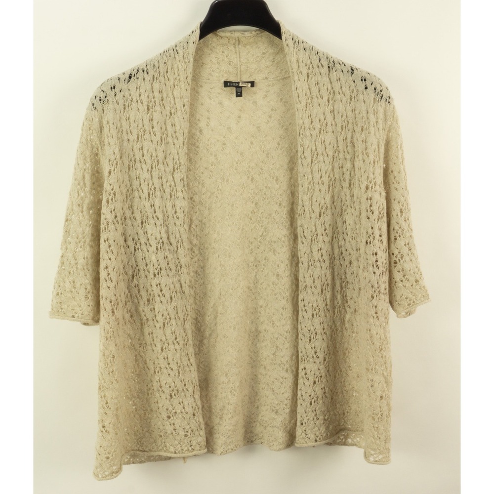 Eileen Fisher Lace Wool Open Front Short Sleeve Cardigan Sweater Womens XL Beige